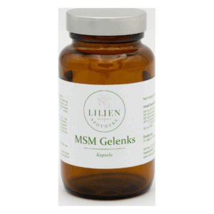 Braunes Glasgefäß mit silbernem Deckel, etikettiert mit "LILIEN MSM Gelenks Kapseln" und Inhaltsstoffen.