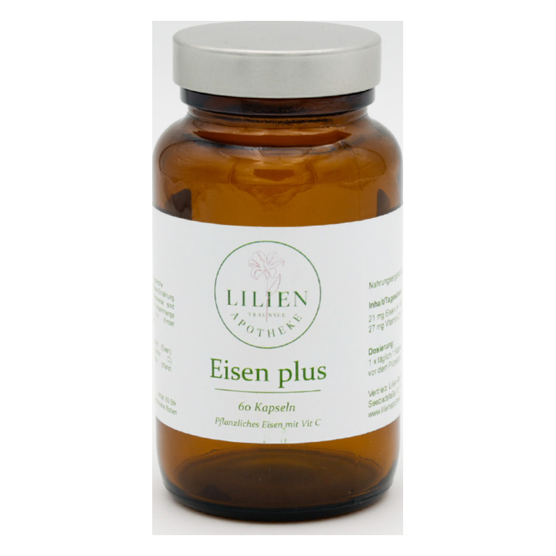 Braune Glasflasche mit Schraubverschluss und Etikett, enthält pflanzliche Eisenkapseln mit Vitamin C.