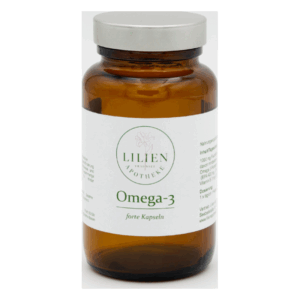 Braunes Glasgefäß mit silberner Schraubkappe, etikettiert mit Omega-3 forte Kapseln von Lilien Apotheke.
