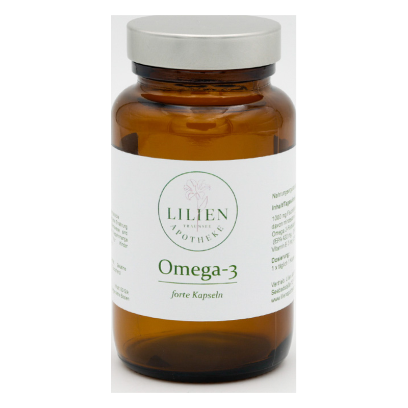 Braunes Glasgefäß mit silberner Schraubkappe, etikettiert mit Omega-3 forte Kapseln von Lilien Apotheke.