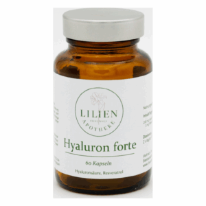 Braune Glasflasche mit silbernem Deckel, enthält 60 Kapseln des Produkts Hyaluron forte von Lilien Apotheke.