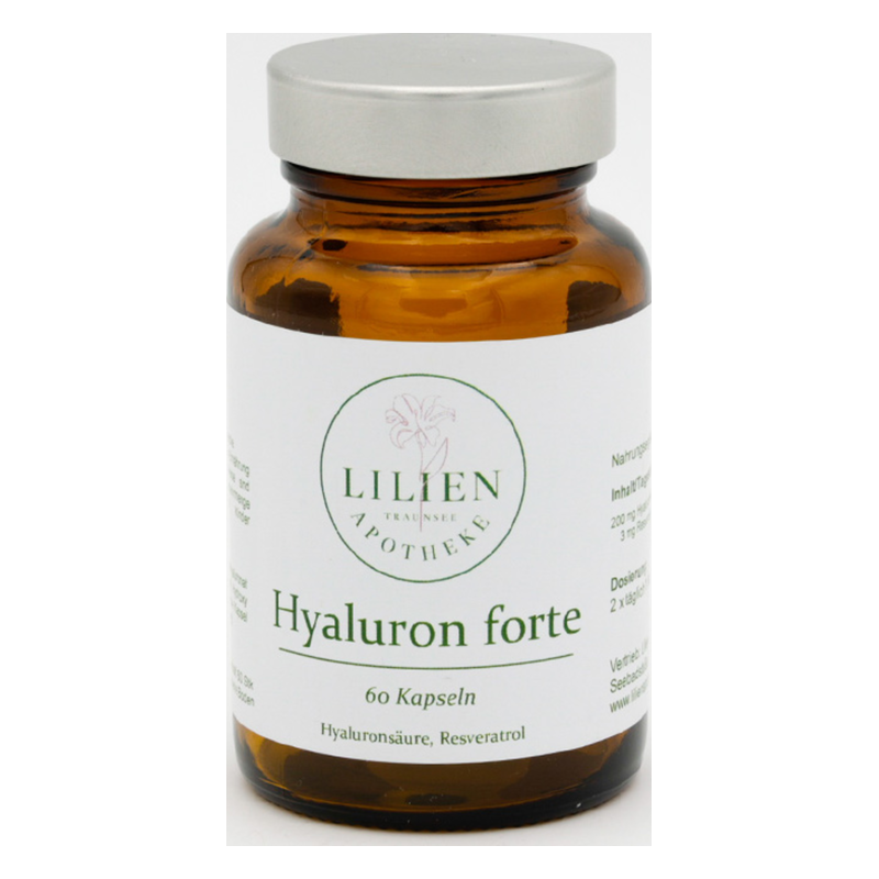 Braune Glasflasche mit silbernem Deckel, enthält 60 Kapseln des Produkts Hyaluron forte von Lilien Apotheke.