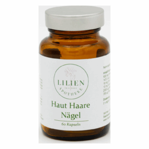Braunes Glasgefäß mit silbernem Deckel, beschriftet mit "Haut Haare Nägel", enthält 60 Kapseln.