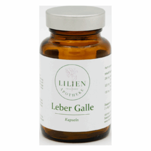 Braunes Glasgefäß mit silbernem Schraubverschluss und Etikett für Leber Galle Kapseln von Lilien Apotheke.