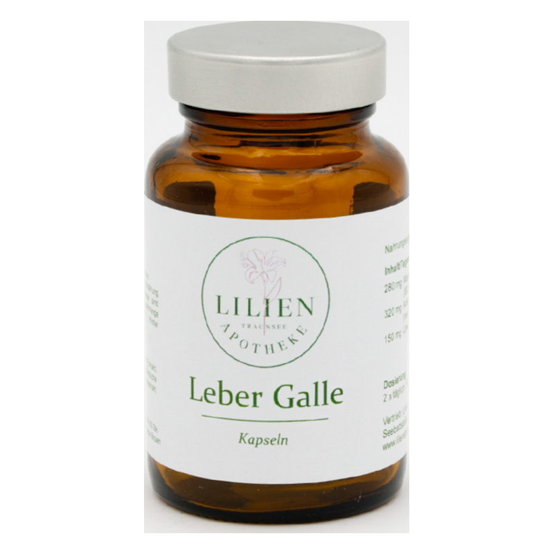 Braunes Glasgefäß mit silbernem Schraubverschluss und Etikett für Leber Galle Kapseln von Lilien Apotheke.