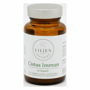 Braunes Glasgefäß mit silbernem Schraubdeckel, Etikett mit Produktbezeichnung 'Cistus Immun' und Inhaltsstoffen.