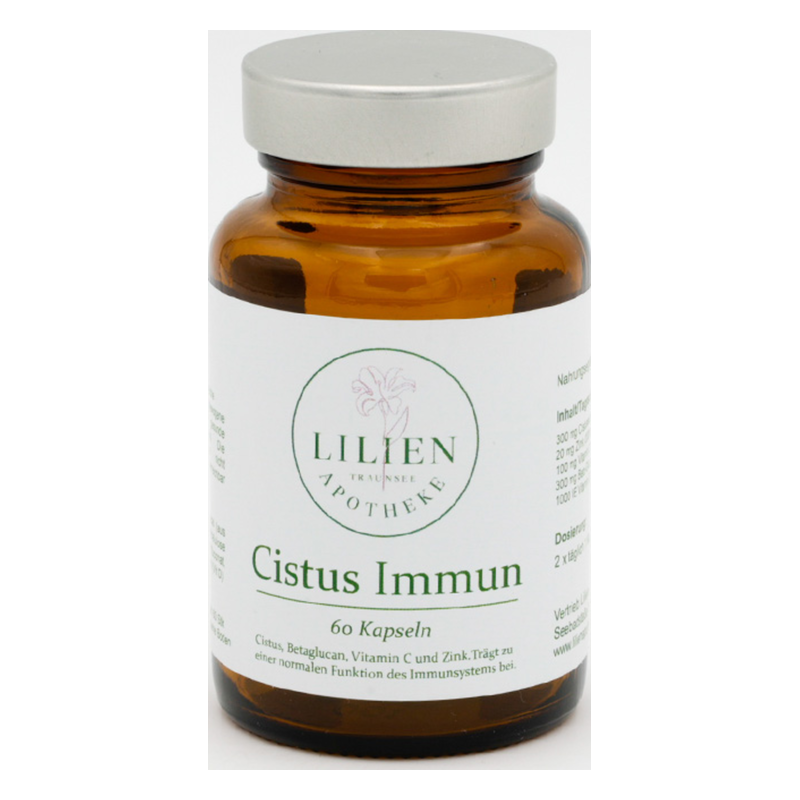 Braunes Glasgefäß mit silbernem Schraubdeckel, Etikett mit Produktbezeichnung 'Cistus Immun' und Inhaltsstoffen.