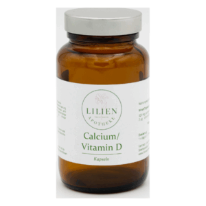 Braune Glasflasche mit Schraubverschluss, etikettiert mit Calcium/Vitamin D Kapseln von Lilien Apotheke.