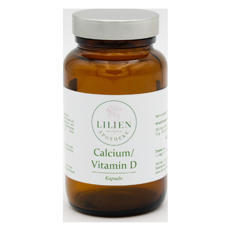Braune Glasflasche mit Schraubverschluss, etikettiert mit Calcium/Vitamin D Kapseln von Lilien Apotheke.