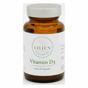 Braune Glasflasche mit silbernem Schraubverschluss, etikettiert mit "Vitamin D3, 2000 IE Kapseln".