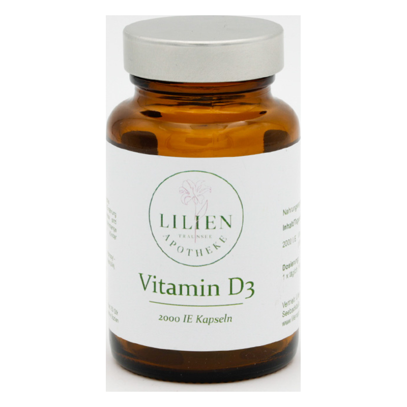 Braune Glasflasche mit silbernem Schraubverschluss, etikettiert mit "Vitamin D3, 2000 IE Kapseln".