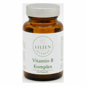 Braune Glasflasche mit silbernem Deckel, beschriftet als "Vitamin B Komplex", enthält Kapseln.
