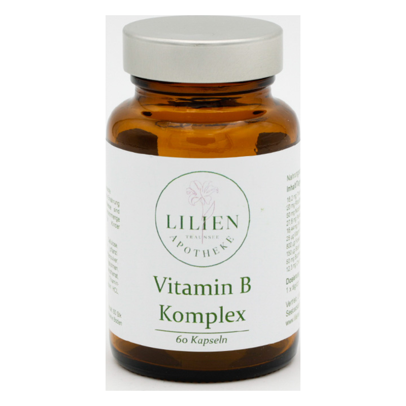 Braune Glasflasche mit silbernem Deckel, beschriftet als "Vitamin B Komplex", enthält Kapseln.