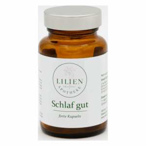 Braune Glasflasche mit silberner Kappe, etikettiert mit "Schlaf gut forte Kapseln" von Lilien Apotheke.