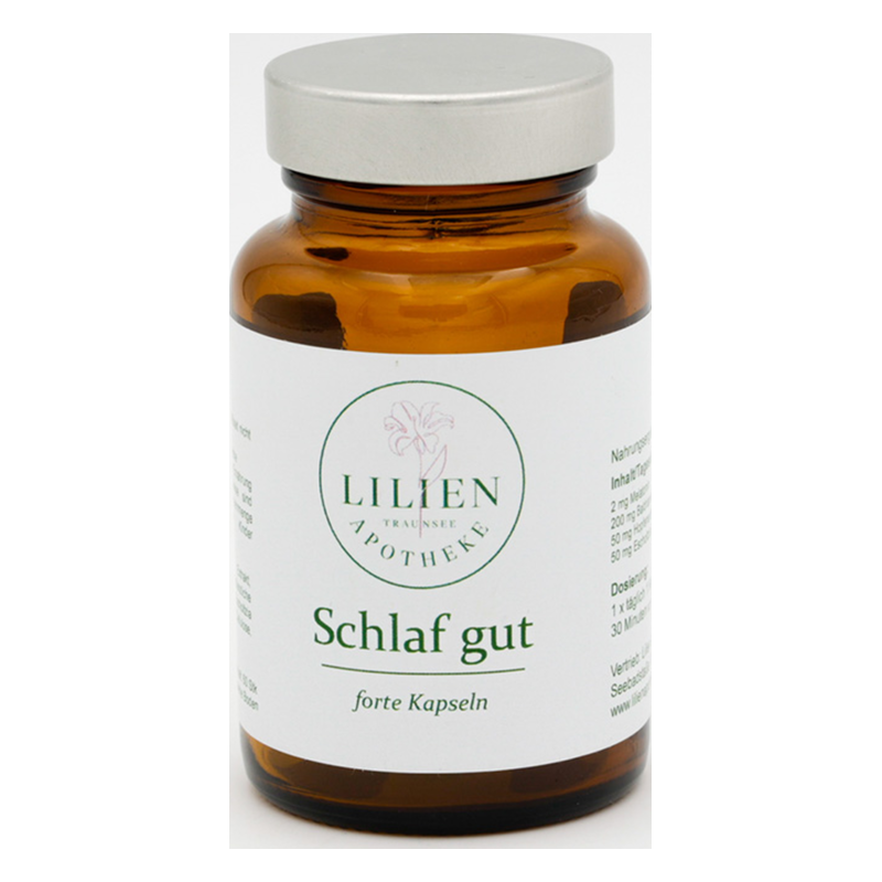 Braune Glasflasche mit silberner Kappe, etikettiert mit "Schlaf gut forte Kapseln" von Lilien Apotheke.