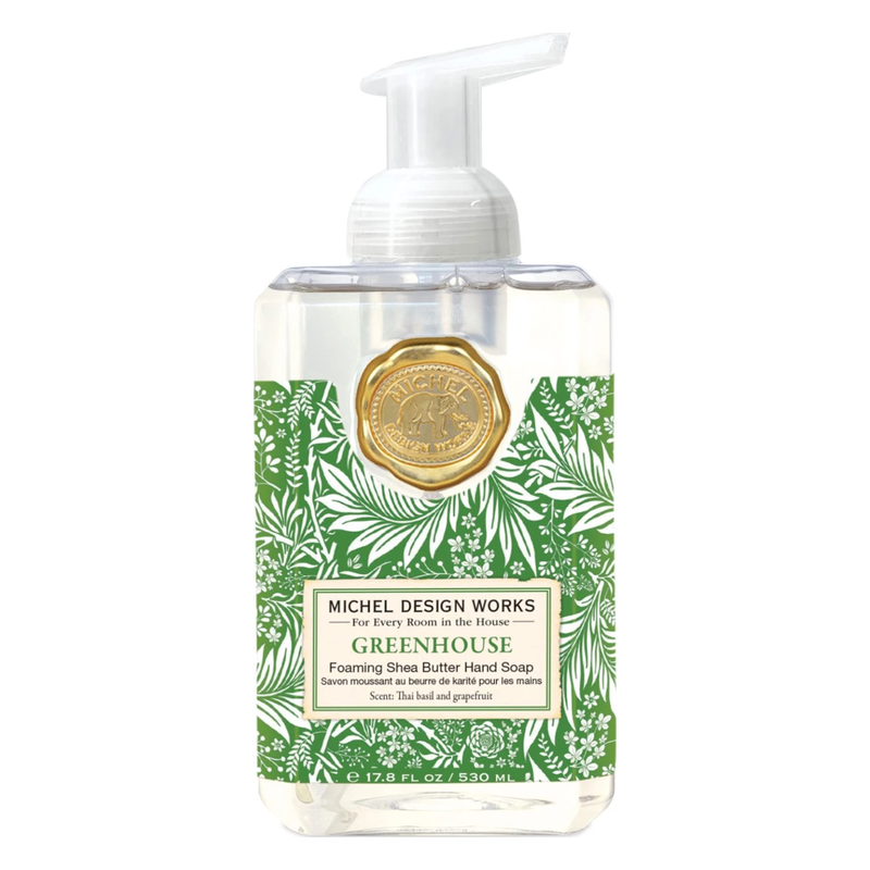 Pumpe von feuchtigkeitsspendender Handseife mit grünem Pflanzenmuster und goldener Prägung, Duft: Thai-Basilikum und Grapefruit.