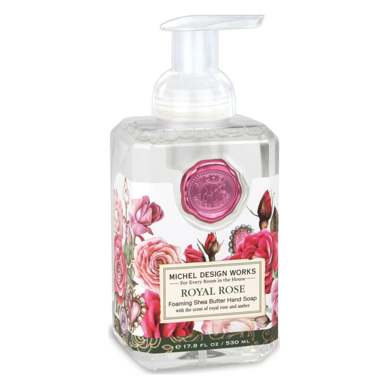 Pumpflasche mit Schaumseife aus Sheabutter in transparentem Design, verziert mit rosafarbenen Rosenmotiven.