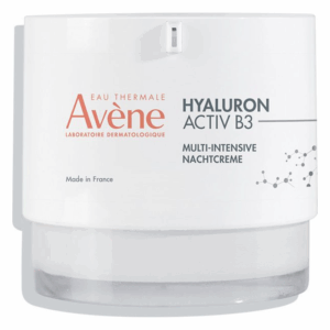 Weiße Nachtcreme von Avène mit Hyaluron und B3 in einem runden, transparenten Tiegel.
