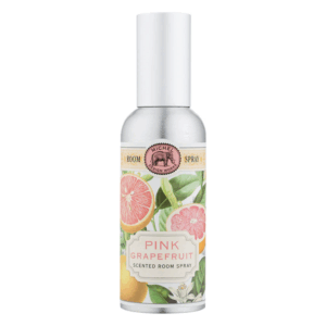 Raumspray mit pinkem Grapefruit-Duft, in einer silbernen Dose mit floraler Gestaltung.