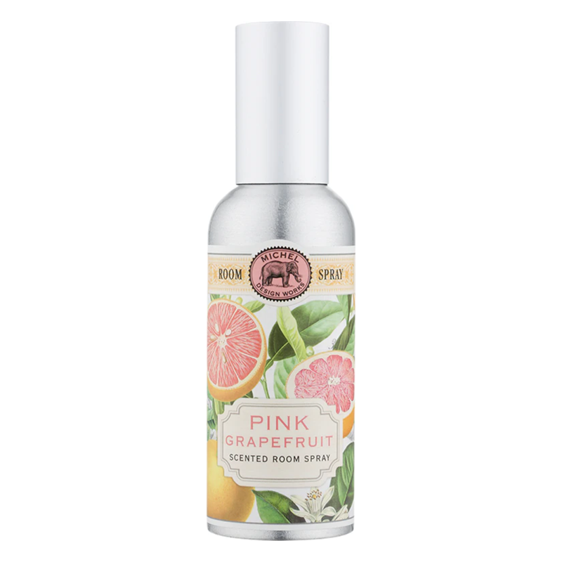Raumspray mit pinkem Grapefruit-Duft, in einer silbernen Dose mit floraler Gestaltung.