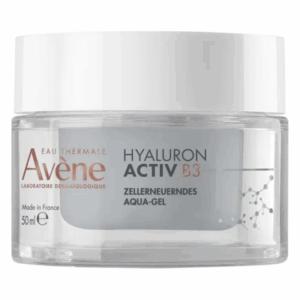Transparentes Glasbehältnis mit Deckel, enthält Hyaluron Activ B3 Aqua-Gel von Avène, hautpflegendes Produkt.