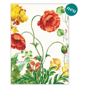 Bunte Aquarellillustration von Mohnblumen und anderen Pflanzen auf weißem Hintergrund, mit neuem Etikett in der oberen rechten Ecke.