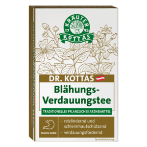 Verpackung von Dr. Kottas Blähungs-Verdauungstee mit Pflanzenmotiven und Informationen zur Anwendung.