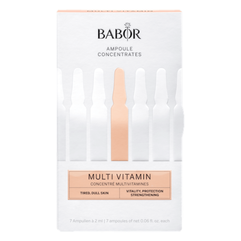 Verpackung mit mehreren Ampullen, die ein Multivitamin-Serum für müde Haut enthalten, im hellen Design.