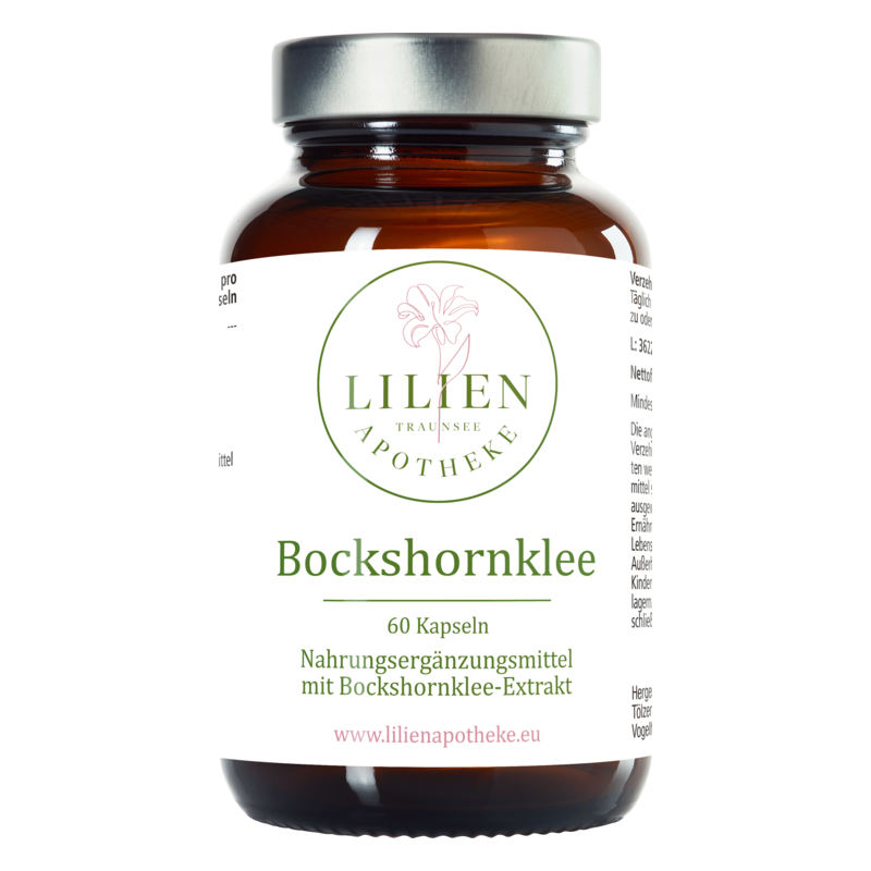 Braune Glasflasche mit silbernem Deckel, enthält Bockshornkleekapseln, Etikett mit Produktinformation