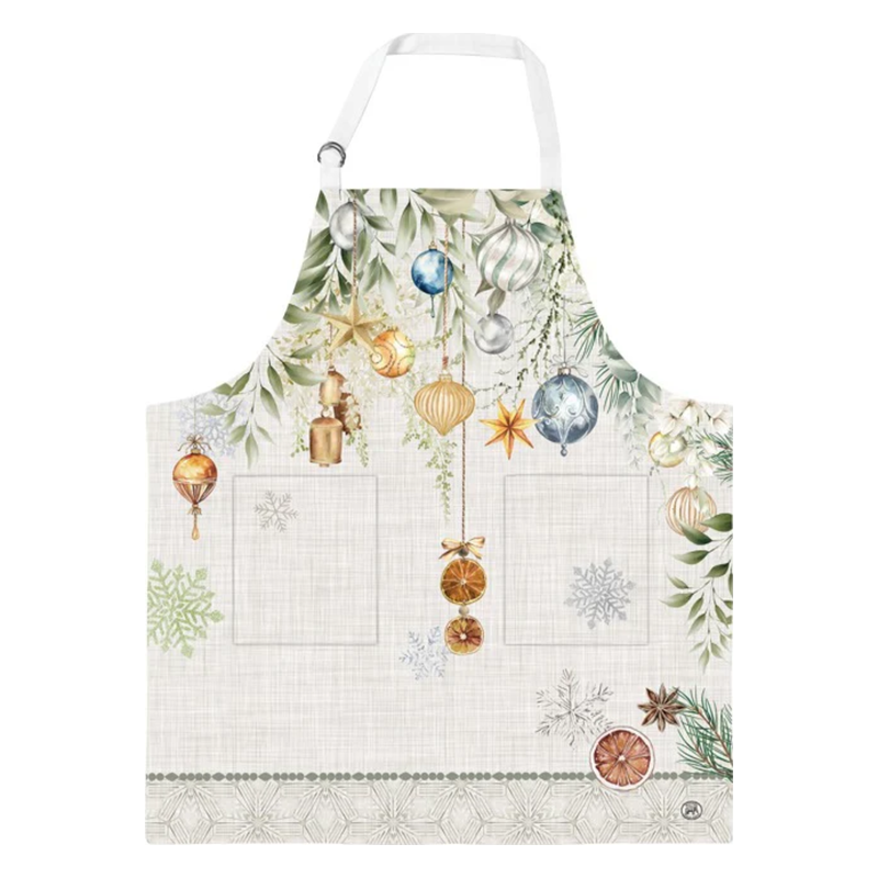 Weihnachtsküchen-Schürze mit bunten Ornamenten, Tannenzweigen und zwei leeren Taschen auf einem hellen Hintergrund.