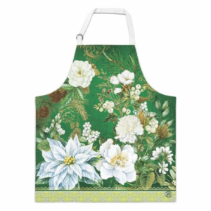 Ein grünes Schürzenmotiv mit verschiedenen weißen Blumen und Pflanzenmustern, verziert mit Tannenzapfen.