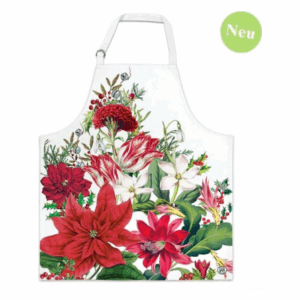 Schürze mit buntem floralen Design, bestehend aus verschiedenen roten und weißen Blumen auf weißem Hintergrund.