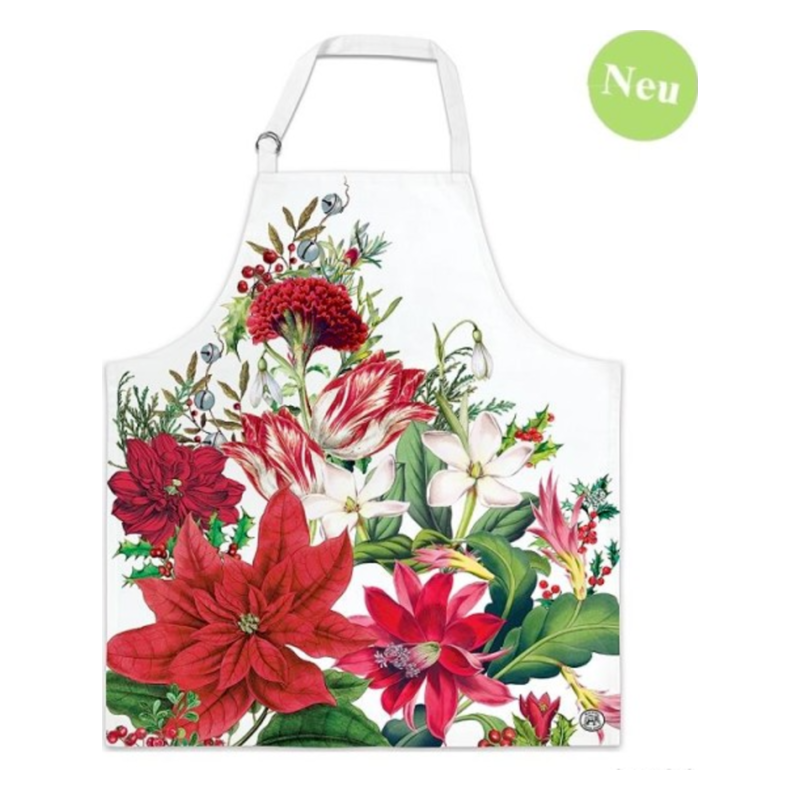 Schürze mit buntem floralen Design, bestehend aus verschiedenen roten und weißen Blumen auf weißem Hintergrund.