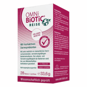 Verpackung von OMNi-BiOTiC REISE mit hochaktiven Darmsymbionten, vegan und glutenfrei, für Reiseanwendungen.