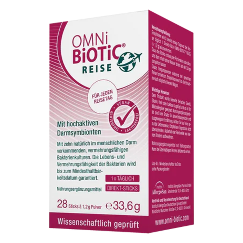 Verpackung von OMNi-BiOTiC REISE mit hochaktiven Darmsymbionten, vegan und glutenfrei, für Reiseanwendungen.
