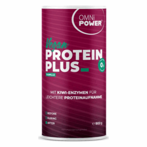 Rundes, lila Pulverbehältnis mit der Bezeichnung "Vegan Protein Plus" von OMNi POWER und Hinweisen zu Kiwi-Enzymen.