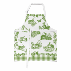 Ein grünes Küchenschürzenmotiv mit Hasen und Blumen auf einem weißen Hintergrund und karierterunterem Rand.