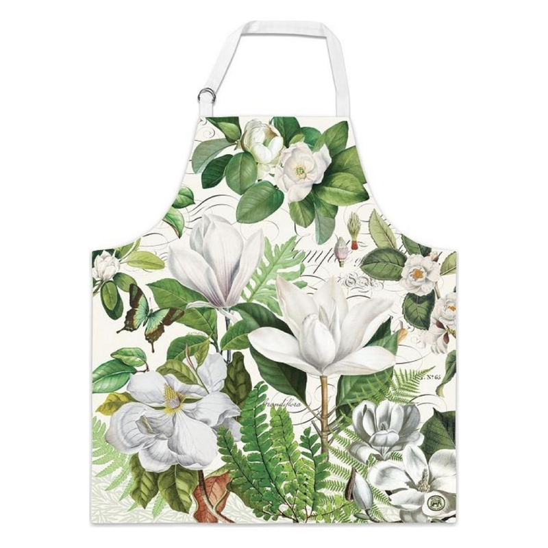 Kochschürze mit floralem Design, einschließlich weißer Blumen, grüner Blätter und einem Schmetterling.