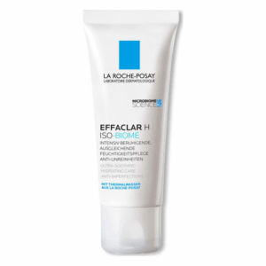 Weiße Tube mit Schraubverschluss von La Roche-Posay, Effaclar H ISO-BIOME Feuchtigkeitspflege, beruhigend und ausgleichend.