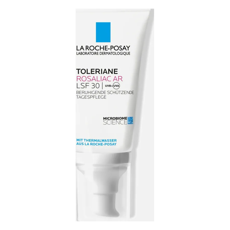 Gesichtspflegecreme in einer weißen Tube mit Pumpverschluss, mit LSF 30 und beruhigenden Eigenschaften.