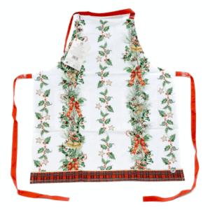 Weißes Schürzen-Design mit Weihnachtsmotiven, roten Bändern und kariertem Saum.