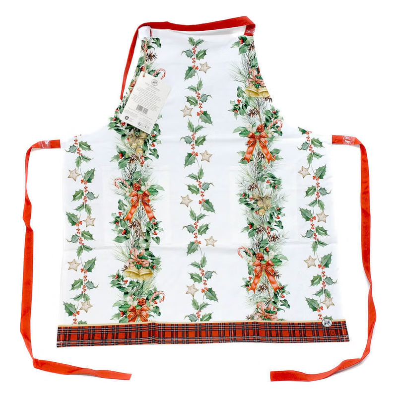 Weißes Schürzen-Design mit Weihnachtsmotiven, roten Bändern und kariertem Saum.