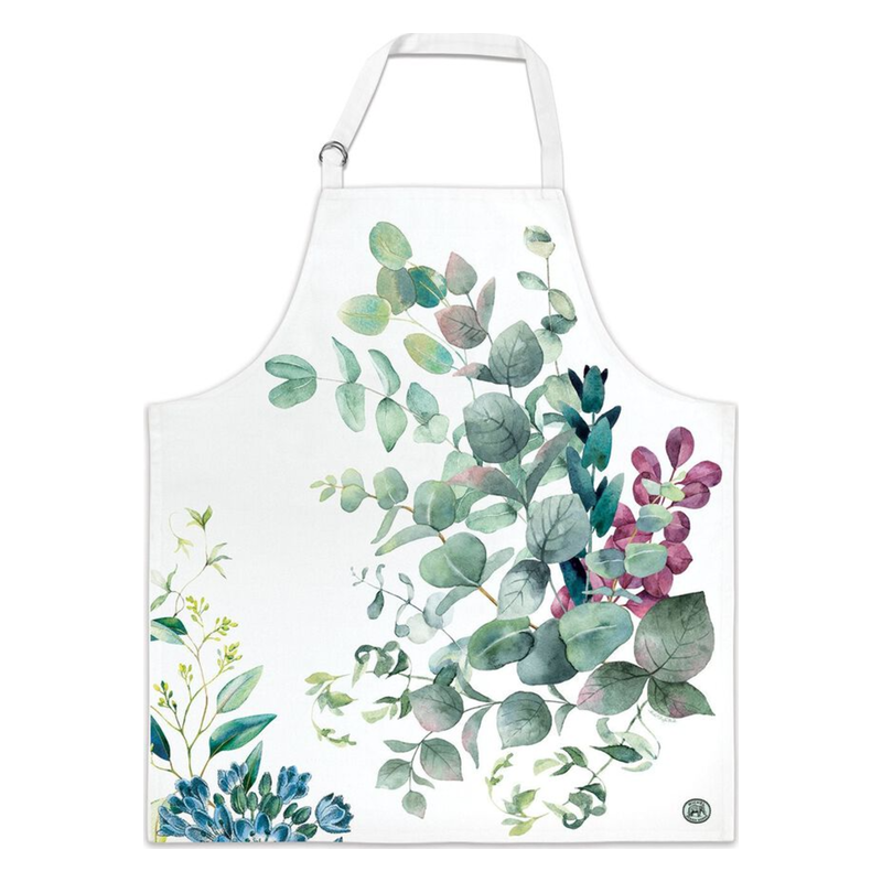 Ein weißer Küchen-Schürze mit aquarellierten Pflanzenmotiven in grün und lila.