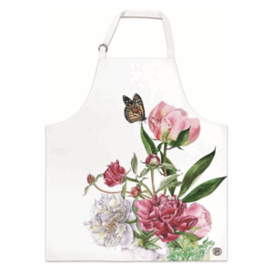Ein weißer Stoffschürze mit bunten Blumenmotiven und einem Schmetterling in der oberen Ecke.