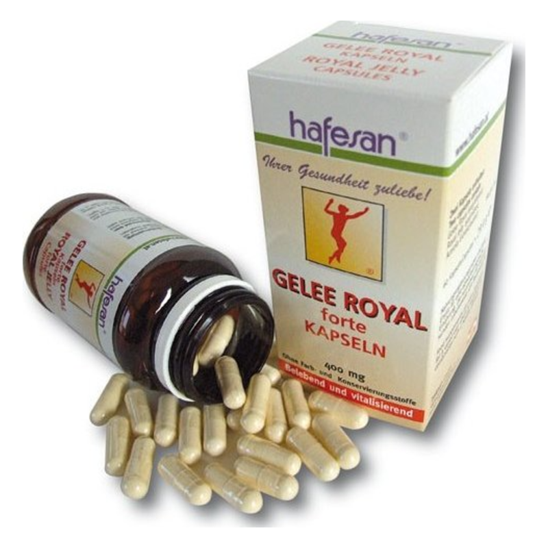 Braunes Glasfläschchen mit Kapseln und einer Verpackung für Gelee Royal forte Kapseln.