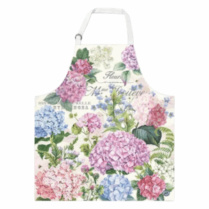 Ein geschmackvolles Schürze-Design mit bunten Blumenmotiven in Pastellfarben auf einem hellen Hintergrund.