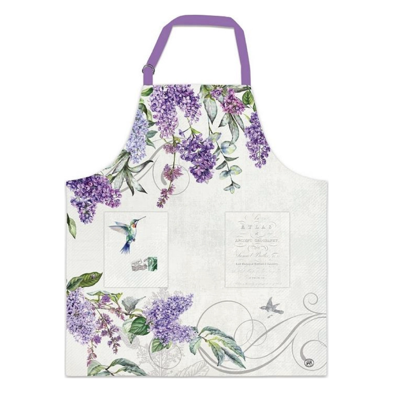 Kochschürze mit lila Fliederblüten und einem Kolibri-Motiv auf hellem Hintergrund.