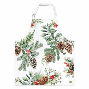 Weißes Küchen- oder Grill-Schürze mit grünem Tannengrün, Zapfen und roten Beeren als Muster.
