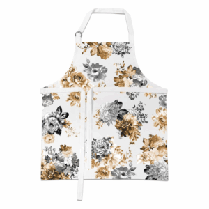 Schürze mit floralen Motiven in Schwarz, Gold und Weiß, inklusive zwei Taschen.