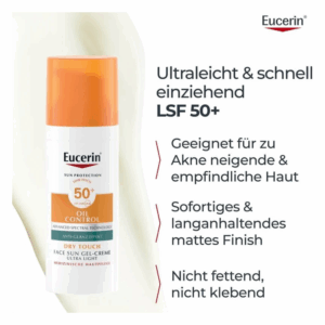 Eucerin Sonnencreme für das Gesicht, LSF 50+, ölfreie Formel, schnell einziehend, ideal für akneanfällige Haut.